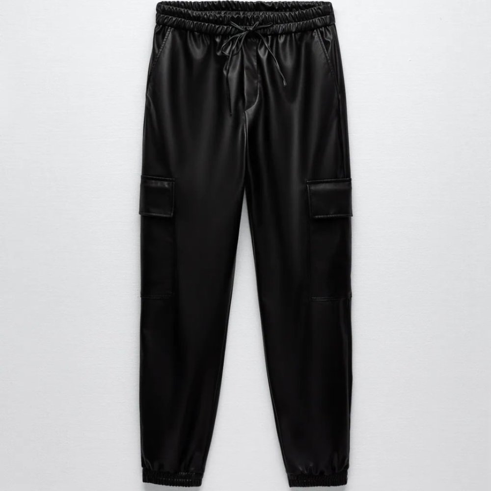 NWT Black Faux Leather Cargo Pants w/ Patch Pockets, M